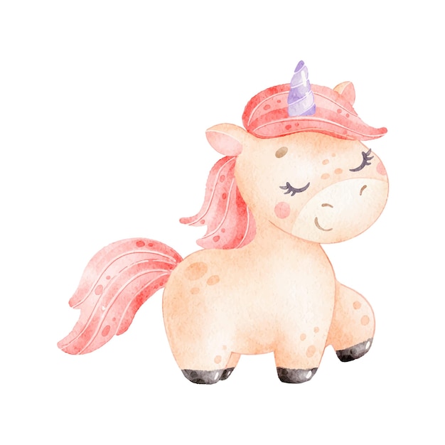 Digital watercolor Illustration of a cute cartoon unicorn Cute animals