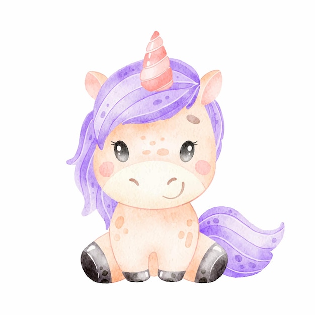 Digital watercolor Illustration of a cute cartoon unicorn Cute animals