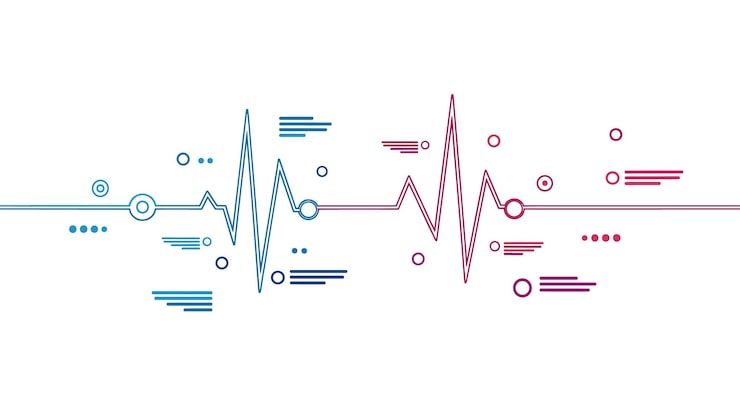 Vector digital waveform patterns intersecting with abstract circuitry elements creating a dynamic visual representation of data exchange