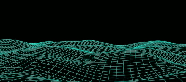 デジタル波状ワイヤーフレームの風景未来的な線形起伏のある地形谷のある山のデジタルサイバースペースベクトルイラスト