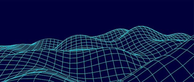 Digital wavy wireframe landscape Futuristic linear undulating terrain Digital cyberspace in mountains with valleys Vector illustration