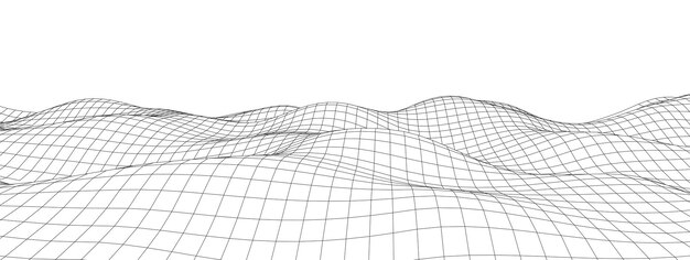 Vector digital wavy wireframe landscape futuristic linear undulating terrain digital cyberspace in mountains with valleys vector illustration