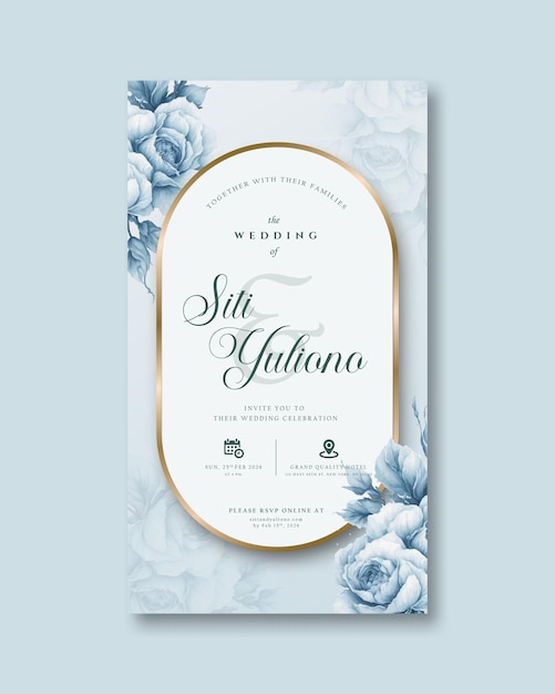 Vector digital wedding invitation with blue bouquet flower watercolor and geometric background