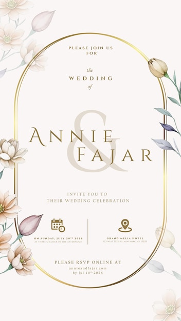 digital wedding invitation with floral illustration premium vector
