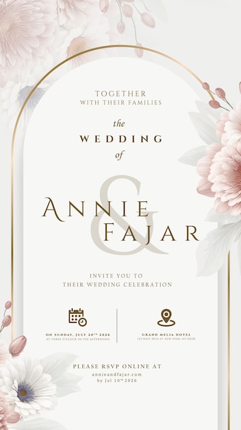 digital wedding invitation with flower watercolor illustration premium vector