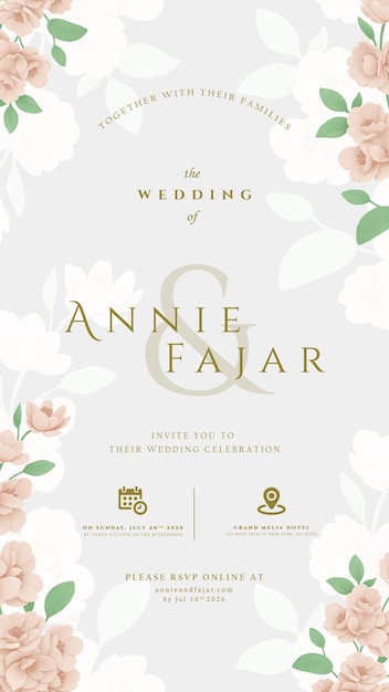 Цифровое свадебное приглашение с цветочными акварельными иллюстрациями премиум-вектора