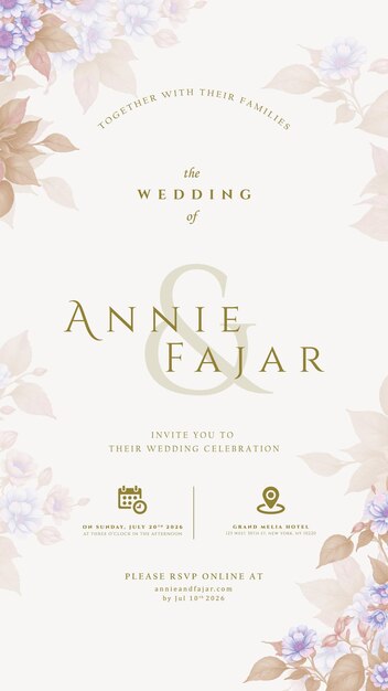 Digital Wedding Invitation with flower watercolor illustration premium vector