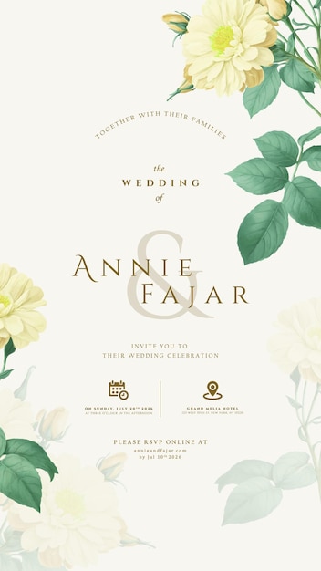 digital wedding invitation with flower watercolor premium vector