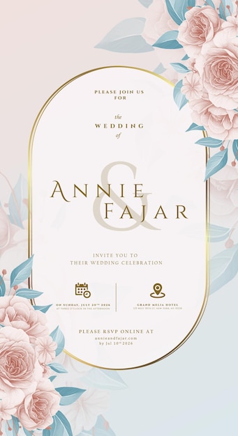 digital wedding invitation with flower watercolor premium vector