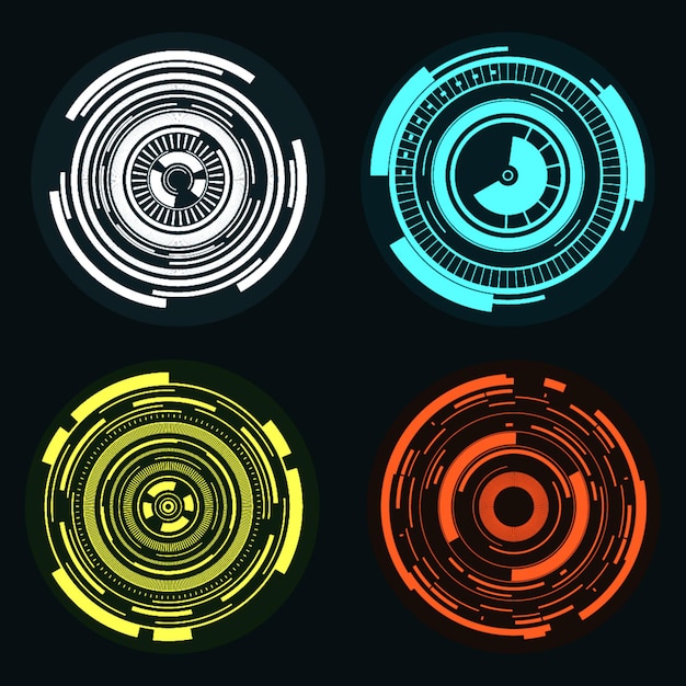 Digital white blue yellow orange glow colored abstract circle set isolated on black background