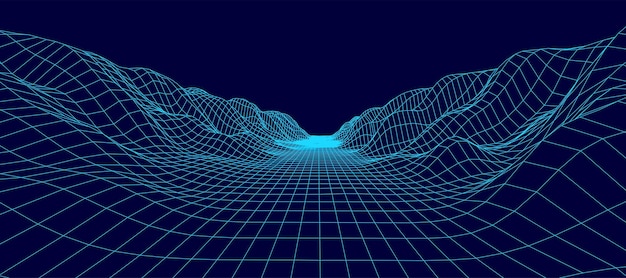 Digital wireframe landscape on blue background Wireframe terrain polygon landscape design Digital cyberspace in mountains with valleys Vector illustration