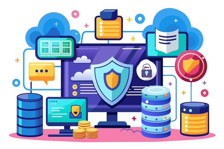Vector a digital workspace displaying sql databases and data security measures emphasizing online safety solutions online data security and sql technology