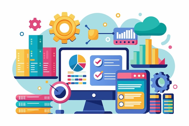 a digital workspace displays automated database analysis and statistical reports with various graphical elements showcasing efficient data management techniques