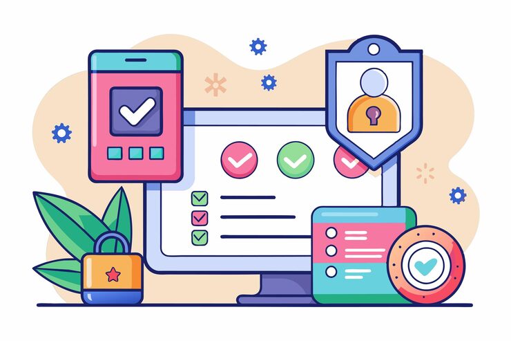 Vector a digital workspace featuring customizable authentication elements including a computer screen mobile device secure badge and lock illustrating secure access protocols