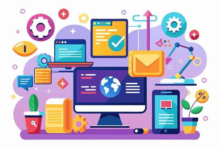 Vector a digital workspace filled with elements representing programming language improvements and script writing programming language improvements script writing