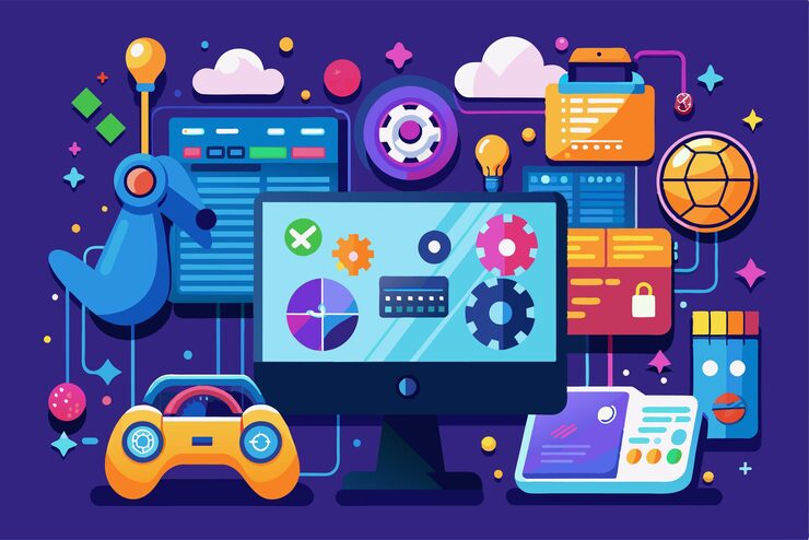Vector a digital workspace filled with tools and graphics for game programming and development activities game development game programming technology