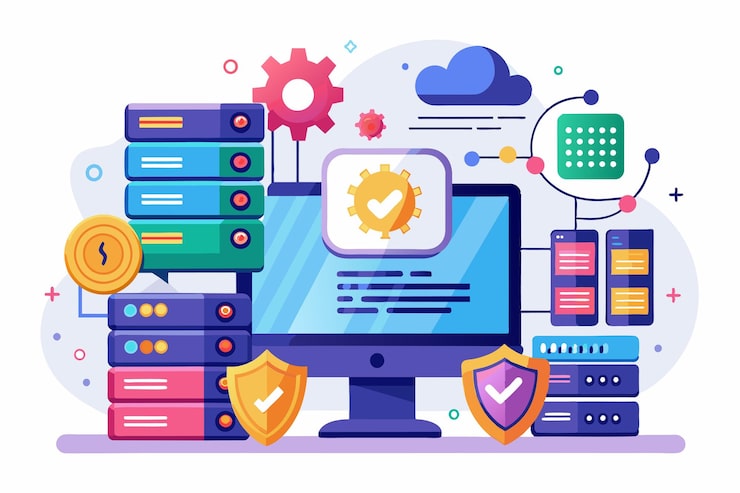 Vector a digital workspace illustrating web hosting alongside sql security measures and data protection tools web hosting sql security