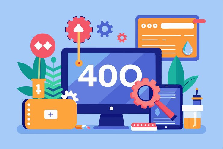 Vector a digital workspace showcases a computer screen with error code 400 surrounded by tools gears and icons representing troubleshooting and error fixing
