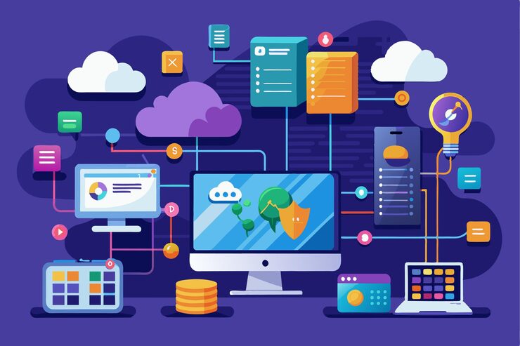 Vector a digital workspace showcases various cloud computing tools and resources designed for developers today modern cloud computing for developers