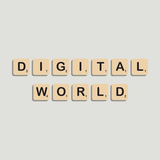 Vector digital world typographic lettering in scrabbles block alphabet concept