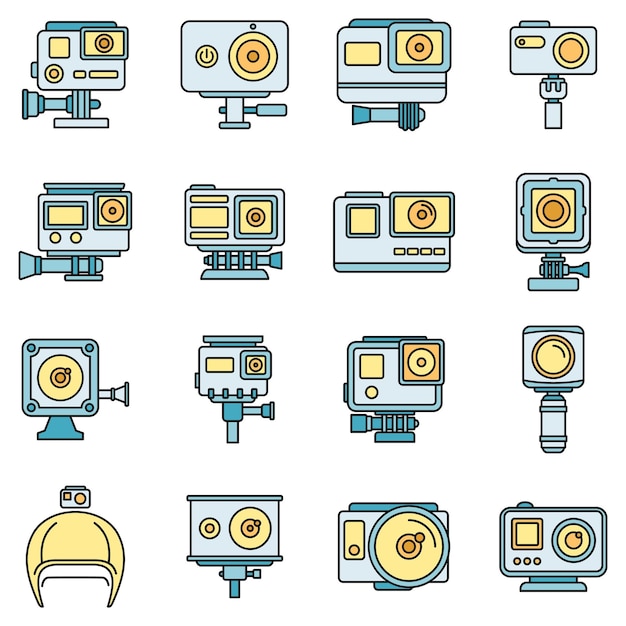 Digitale actie camera iconen set Outline set van digitale actie camera vector iconen dunne lijn kleur vlak op wit