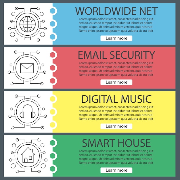 Digitale banner sjablonen instellen. Makkelijk te bewerken. Cyber-technologie. Muziek, e-mail, wereldwijd net, slim huis. Website menu-items met lineaire pictogrammen. Kleur webbanner. Ontwerpconcepten voor vectorkoppen