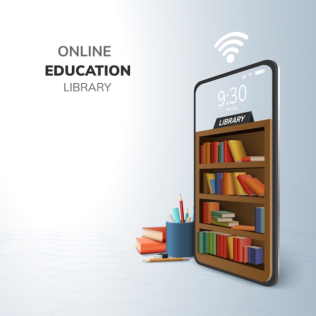 Digitale bibliotheek online onderwijs internet en lege ruimte op de telefoon.
