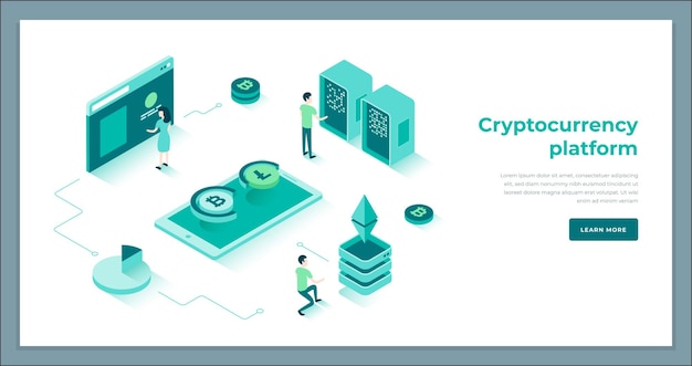 Digitale bitcoin mijnbouw blockchain verbinding smartphone betaling virtueel geld mensen gegevens analyseren isometrische bestemmingspagina vectorillustratie Cryptocurrency platform innovatie hi-tech technologie