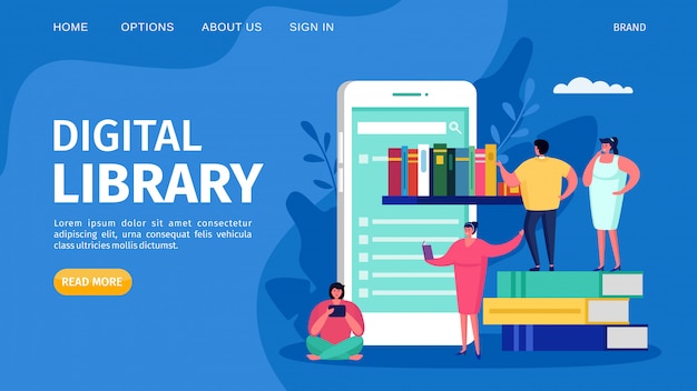 Digitale boekbibliotheek en onderwijs online, illustratie. Web technologie studie concept, internet kennislanding.