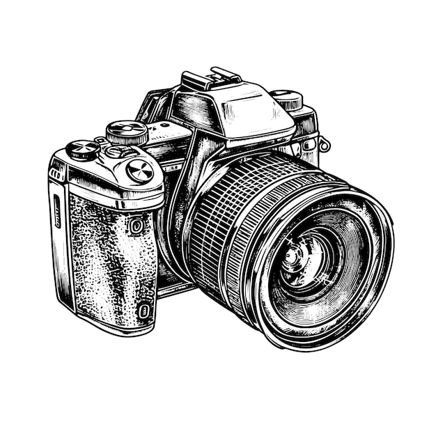 Digitale camera vector tekening Geïsoleerde hand getrokken object gegraveerde stijl illustratie