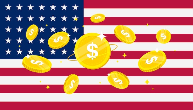 Digitale Dollarmunten op de vlagachtergrond van de V.S. Centrale Bank Digitale valuta CBDC-banner.