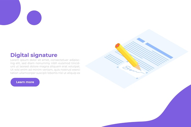 Digitale handtekening isometrisch Elektronisch Smart contract Vectorillustratie