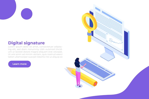 Digitale handtekening isometrisch Elektronisch Smart contract Vectorillustratie