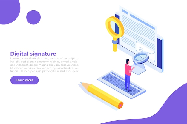 Digitale handtekening isometrisch Elektronisch Smart contract Vectorillustratie