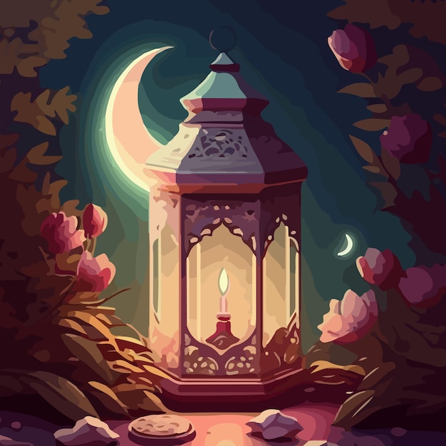 Digitale illustratie van een lantaarn in het bos met een maan op de achtergrond.
