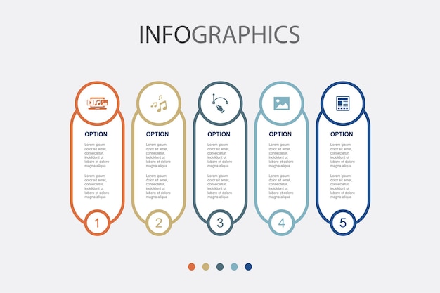 Digitale inhoud muziek vector afbeelding foto artikel iconen Infographic ontwerpsjabloon Creatief concept met 5 stappen