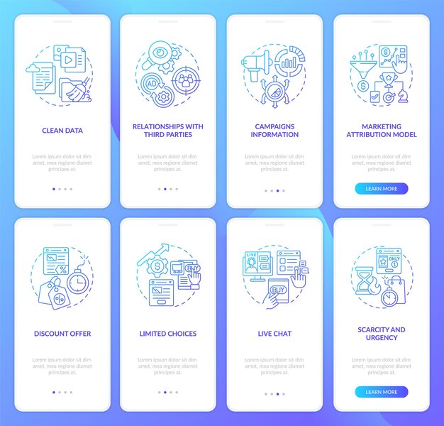 Digitale marketing blauwe gradiënt onboarding mobiele app-schermset Advertentie-walkthrough 4 stappen grafische instructiepagina's met lineaire concepten UI UX GUI-sjabloon Myriad ProBold Regelmatige gebruikte lettertypen