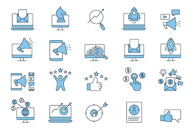 Digitale marketing set icon bevat analist iconen e-mail marketing seo marketing strategie sociale marketing feedback en anderen Flat line icon stijl ontwerp Eenvoudige vector ontwerp bewerkbaar