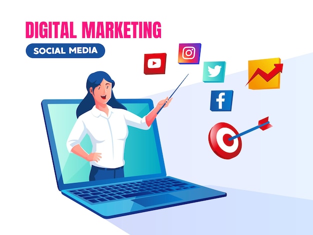 Digitale marketing sociale media met een vrouwenlaptop en logopictogram