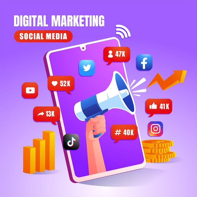 Digitale marketing sociale media met luidspreker megafoon symbool