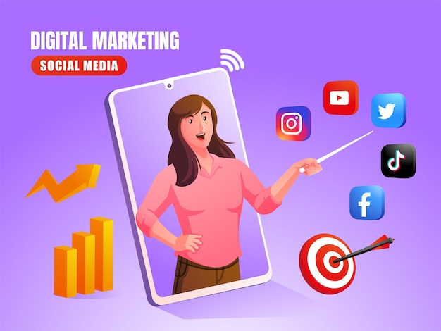 digitale marketing sociale media met sociale media-logo's en grafische diagrammen