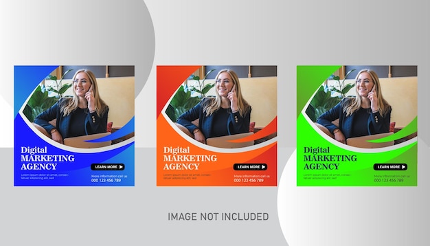 Digitale marketingbureau en corporate social media post met drie verschillende kleur vector sjabloon