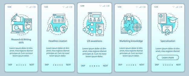 Digitale marketingcursussen onboarding mobiele app-paginascherm vectorsjabloon. Copywriting walkthrough website. Content creatie. Promotie, reclameteksten schrijven. UX, UI, GUI smartphone-interface