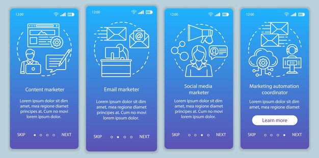 Digitale marketingspecialiteiten blauwe gradiënt onboarding mobiele app paginascherm vectorsjabloon