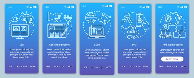 Digitale marketingtactieken blauwe onboarding mobiele app-paginascherm vectorsjabloon