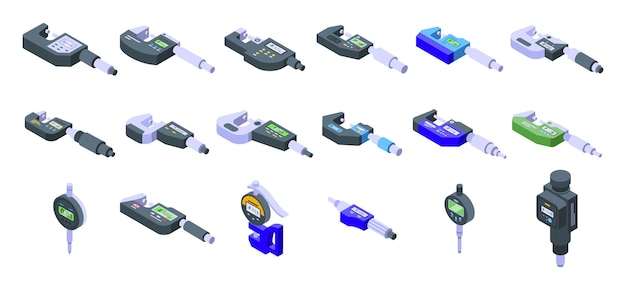 Digitale micrometer pictogrammen instellen isometrische vector. Liniaal remklauw. Centimeter apparaat