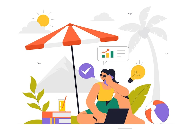 Vector digitale nomad lifestyle vector illustratie met mensen die op afstand werken terwijl ze reizen en genieten van een vakantie in een platte achtergrond