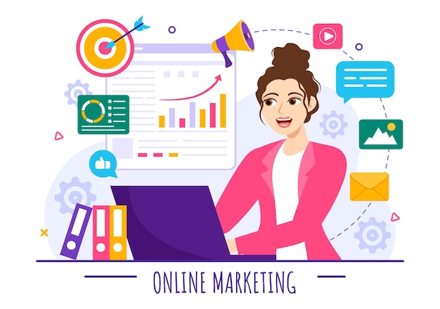 Digitale online marketing vectorillustratie met bedrijfsanalyse en beheer op achtergrond