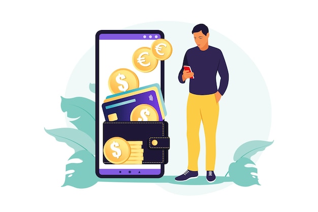 Digitale portemonnee concept. Jonge rijke man betaalt kaart met behulp van mobiele betaling. illustratie. Vlak.