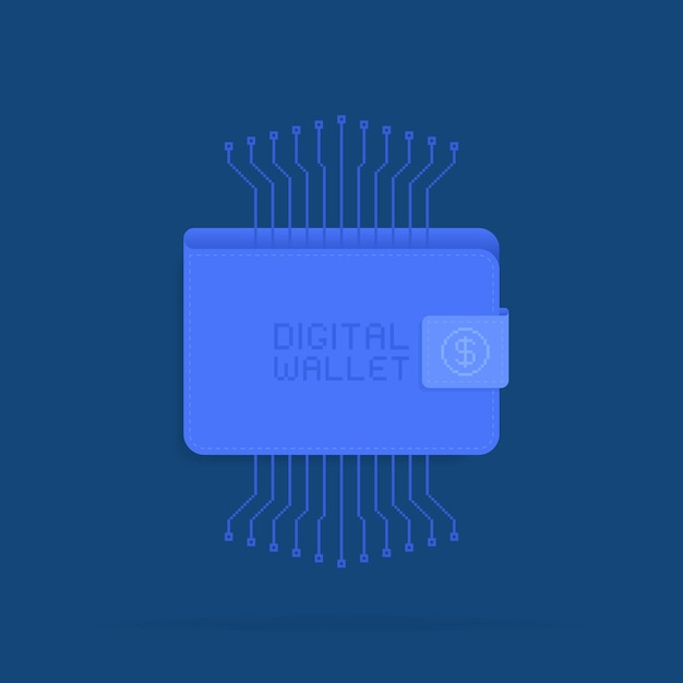 Vector digitale portemonnee met pixel art microcircuit concept van geldtransacties